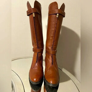 Gently Worn Circa Joan and David Rust Leather Front Zip Knee High Boots, Size 7